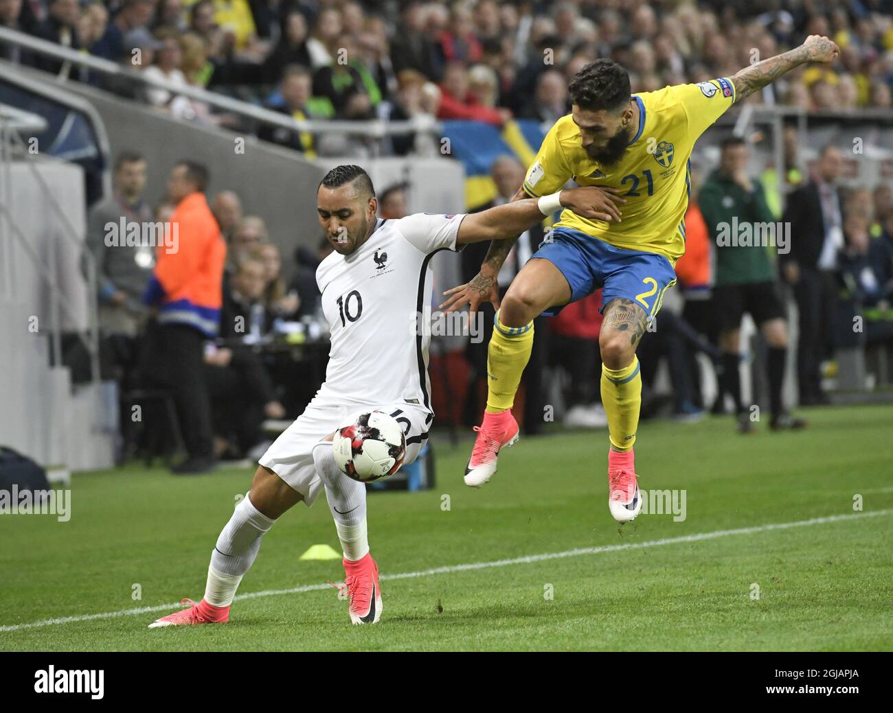 France's Dimitri Payet (L) vies with Sweden's Jimmy Durmaz during the FIFA World Cup 2018 group A qualifying soccer match between Sweden and France on June 9, 2017 at Friends Arena in Solna, Stockholm. Photo Janerik Henriksson / TT / kod 10010  Stock Photo