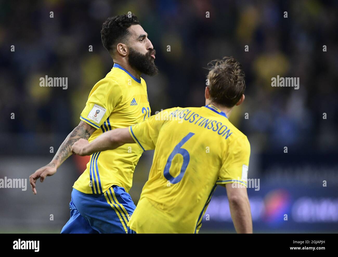 Sweden's Jimmy Durmaz (L) celebrates scoring with teammate Ludwig Augustinsson during the FIFA World Cup 2018 group A qualifying soccer match between Sweden and France on June 9, 2017 at Friends Arena in Solna, Stockholm. Photo Marcus Ericsson / TT / code 11470  Stock Photo