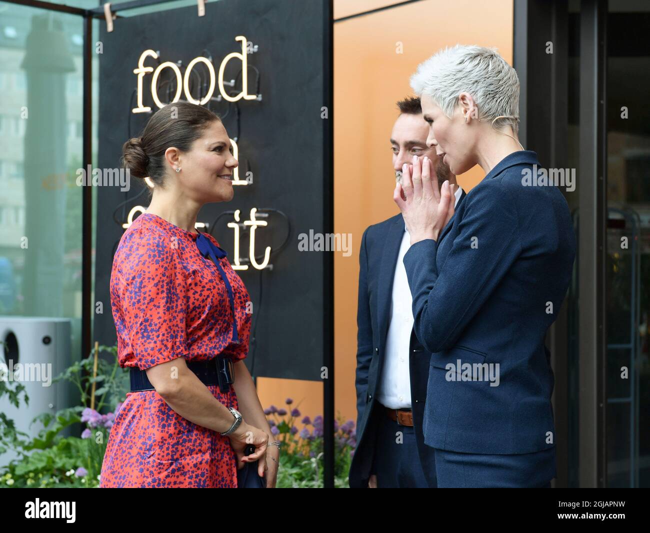 STOCKHOLM 20170612 Crown Princess Victoria is seen welcomed by CEO Jonathan Farnell and Gunhild Stordalen to the EAT Forum in Stockholm, Sweden on Monday. The EAT foundation is founded by Gunhild Stordalen and is aiming to reform the global food system. Foto: Henrik Montgomery / TT kod 10060  Stock Photo