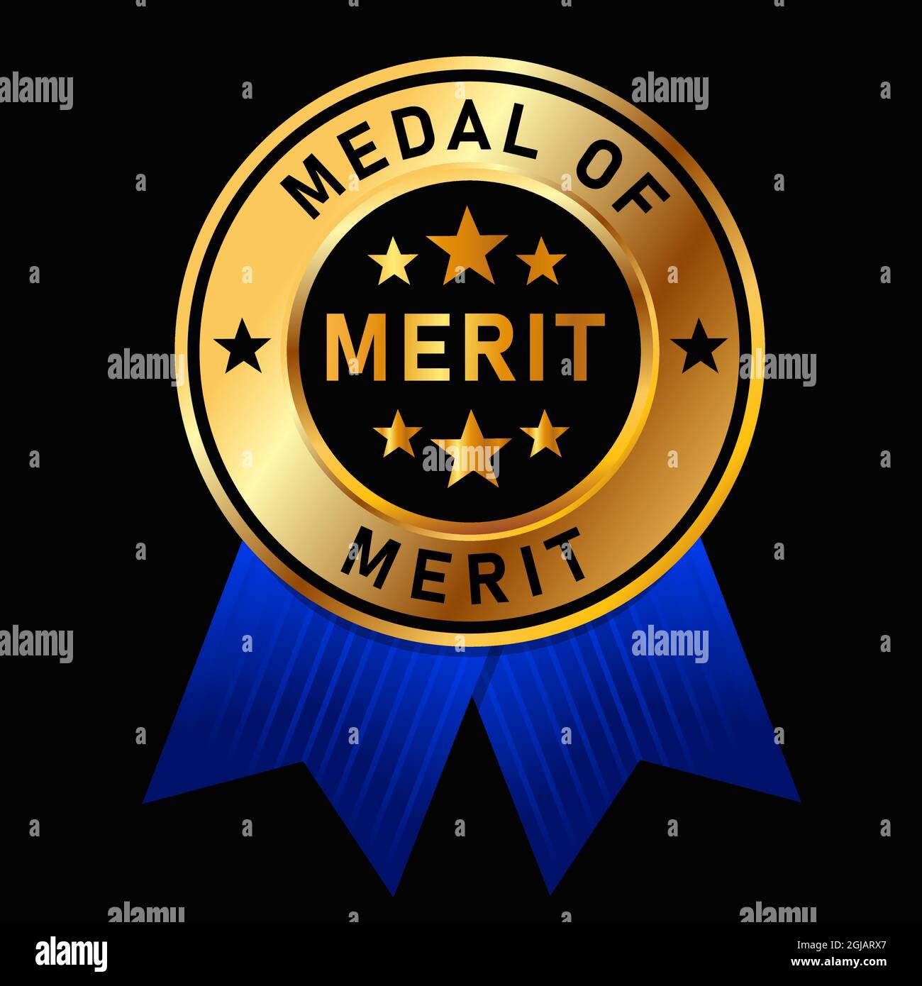 medal of merit golden gold badge with blue ribbon achievement award black background best appreciation Stock Vector