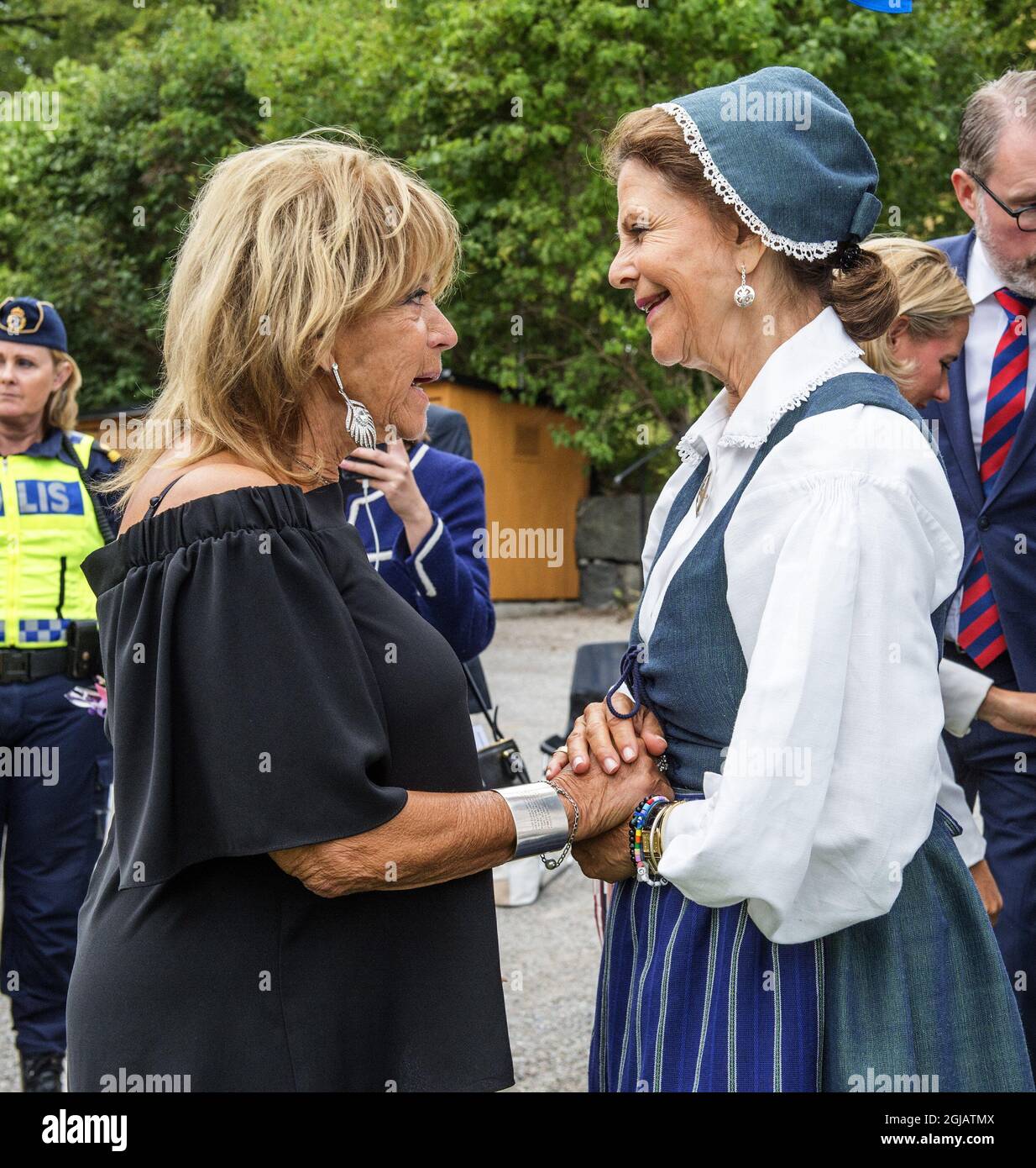 EKERO 2017-08-23 Queen Silvia with Sweden's artist and singer barbro 'Lill-Babs' Svensson attending the 'Old Peoples Day' at Ekebyhovs palace in Ekero, Sweden on Wednesday. Foto: Anna-Karin Nilsson/ EXP / TT / kod 7141 ** OUT SWEDEN OUT**  Stock Photo