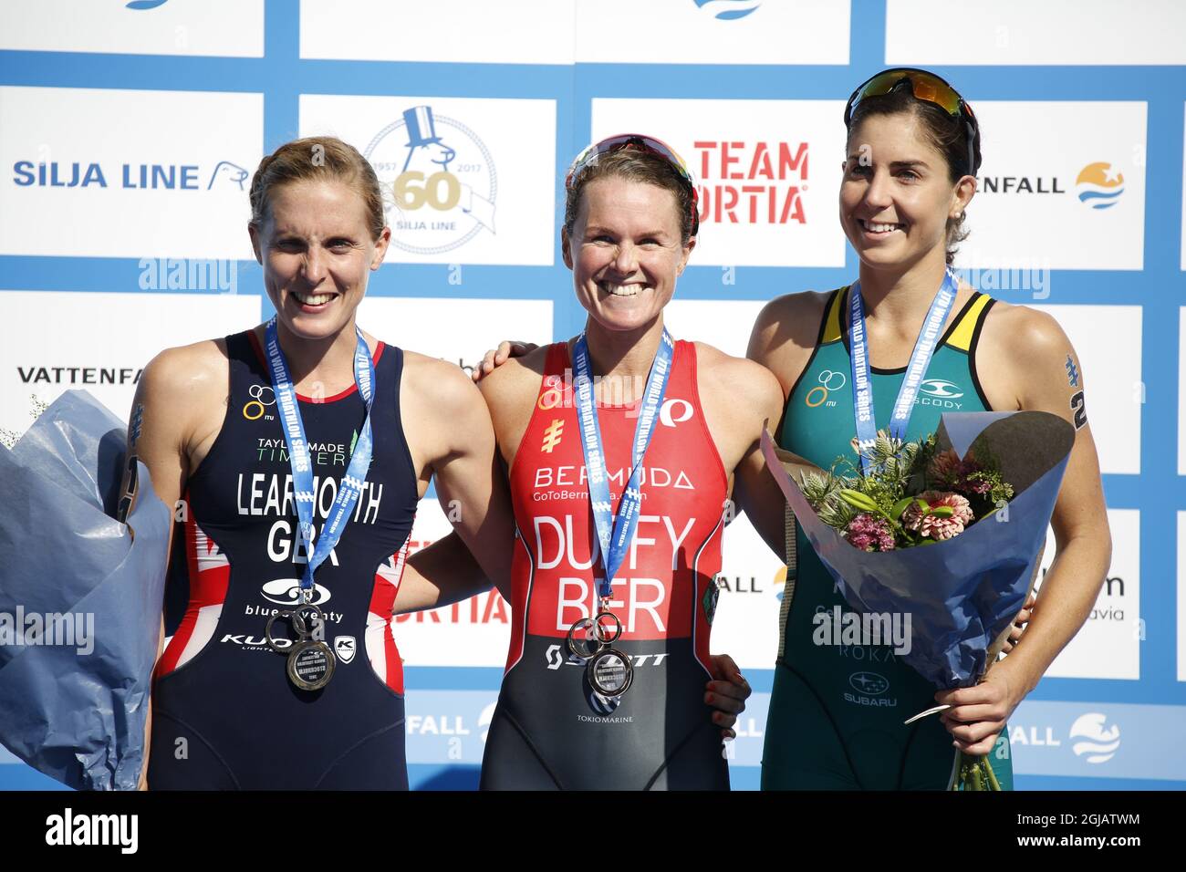 STOCKHOLM 2017-08-26 Jessica Learmonth, United Kingdom, Flora Duffy, Bermuda and Ashleigh Gentle, Australia pose with their medals after the women's triathlon competition in the ITU World Triathlon Series in central Stockholm, Sweden, August 26, 2017. Photo: Christine Olsson / TT / Code 10430  Stock Photo