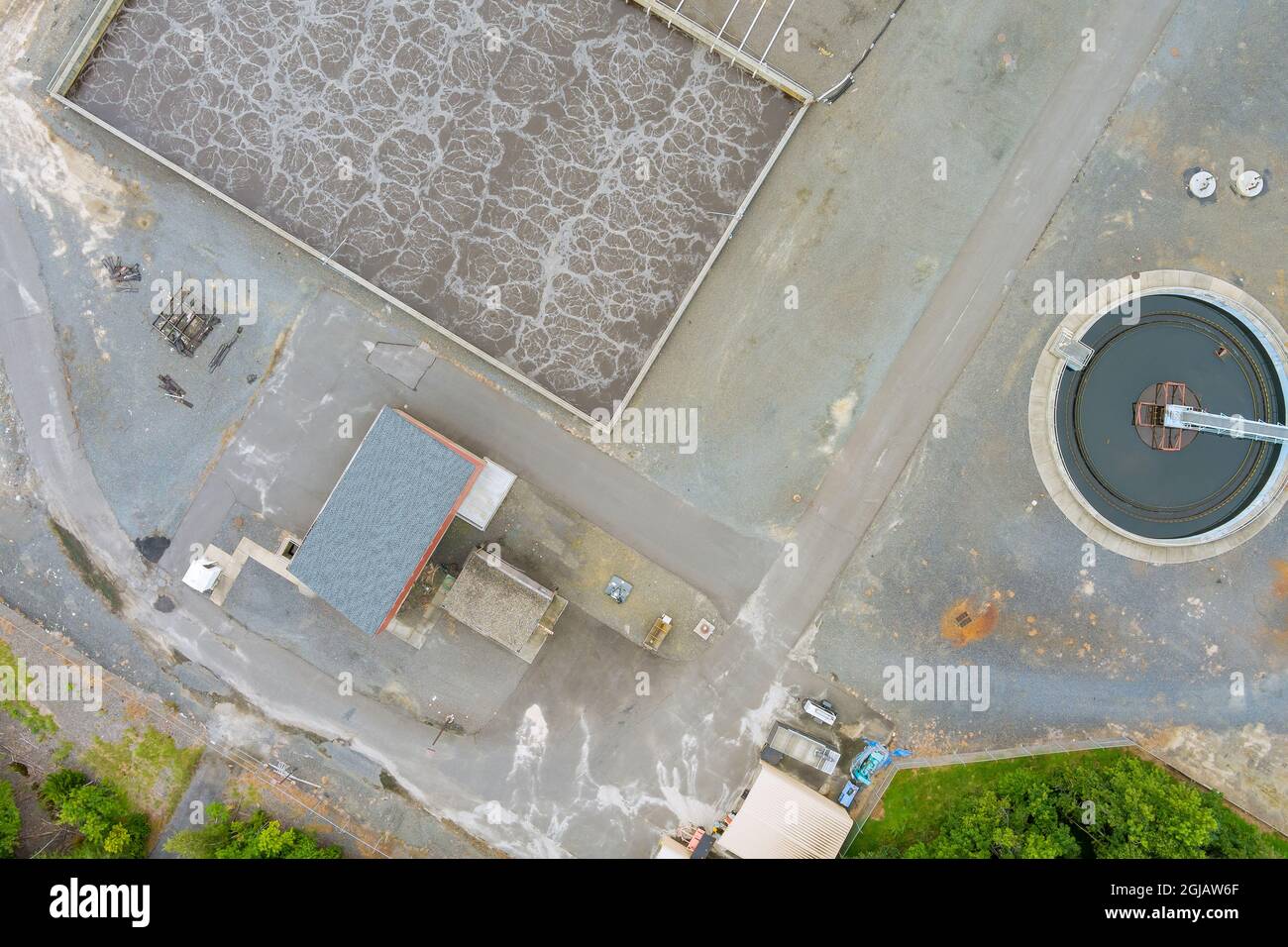 Aerial view of a wastewater purification installation sewage treatment plant Stock Photo