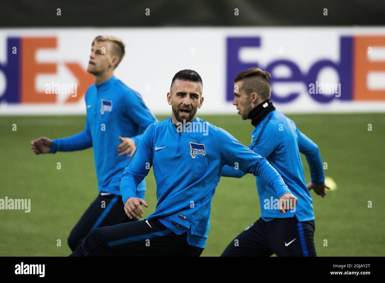 Hertha Berlin's Vedad Ibisevic takes part in a training session at Jamtkraft Arena in Ostersund, Sweden, on Sept. 27, 2017, on the eve of the team's UEFA Europa League soccer match against Ostersunds FK. Photo: Robert Henriksson / TT / code 11393  Stock Photo