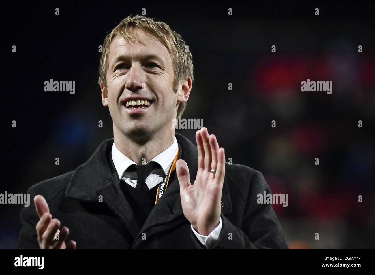 Ostersund's british head coach Graham Potter celebrates after the UEFA Europa League group J soccer match between Ostersunds FK and Hertha Berlin at Jamtkraft Arena in Ostersund, Sweden, on Sept. 28, 2017. Photo: Robert Henriksson / TT / code 11393  Stock Photo