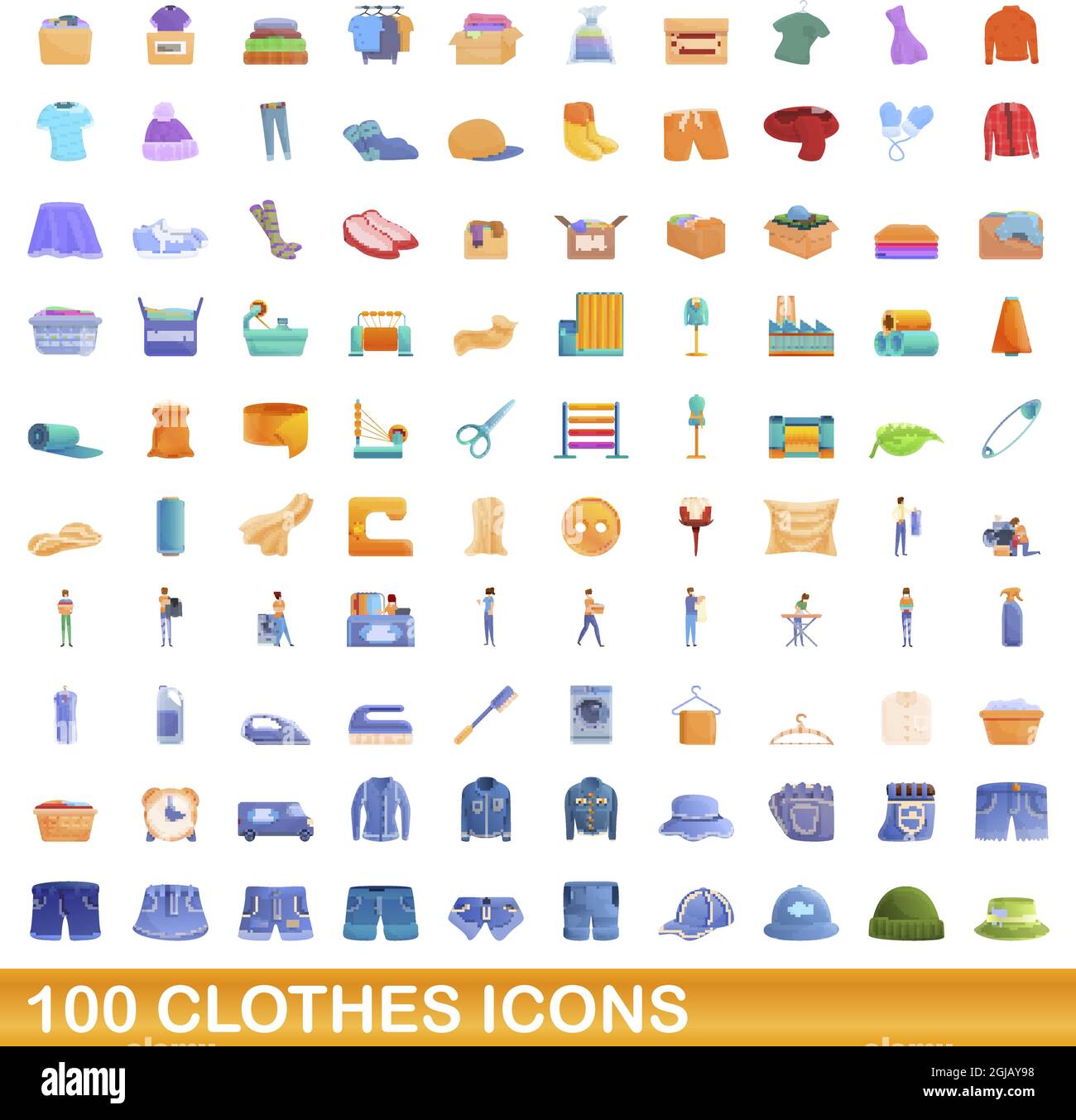 100 clothes icons set. Cartoon illustration of 100 clothes icons vector set isolated on white background Stock Vector