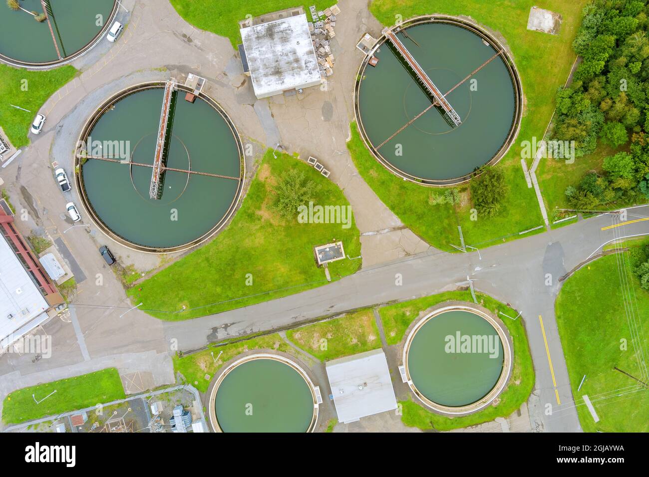 Sewage water aeration cleaning in process of sewage treatment, biological treatment plant Stock Photo