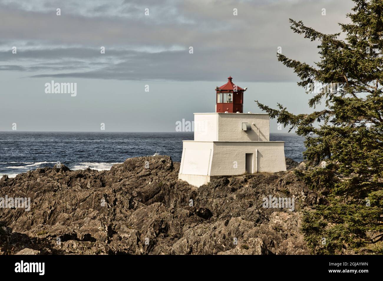 Ucluelet British Columbia Canada. Amphitrite Point Lighthouse Wild Pacific Trail. Stock Photo