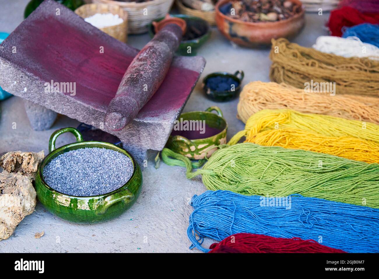 Mexico, Teotitlan del Valle. Home of rug weaver Eugenia Mendoza and her family use natural dyes from local plants and minerals to create their traditi Stock Photo