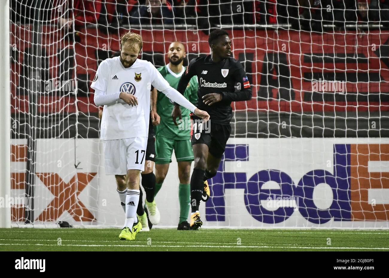 Athletic's Inaki Williams (R) celebrates scoring the 2-2 goal as Ostersund's Curits Edwards (L) and goalkeeper Aly Keita look on during the UEFA Europa League group J soccer match between Ostersunds FK and Athletic Bilbao at Jamtkraft Arena in Skelleftea, Sweden, on Oct. 19, 2017. Photo: Robert Henriksson / TT / code 11393  Stock Photo