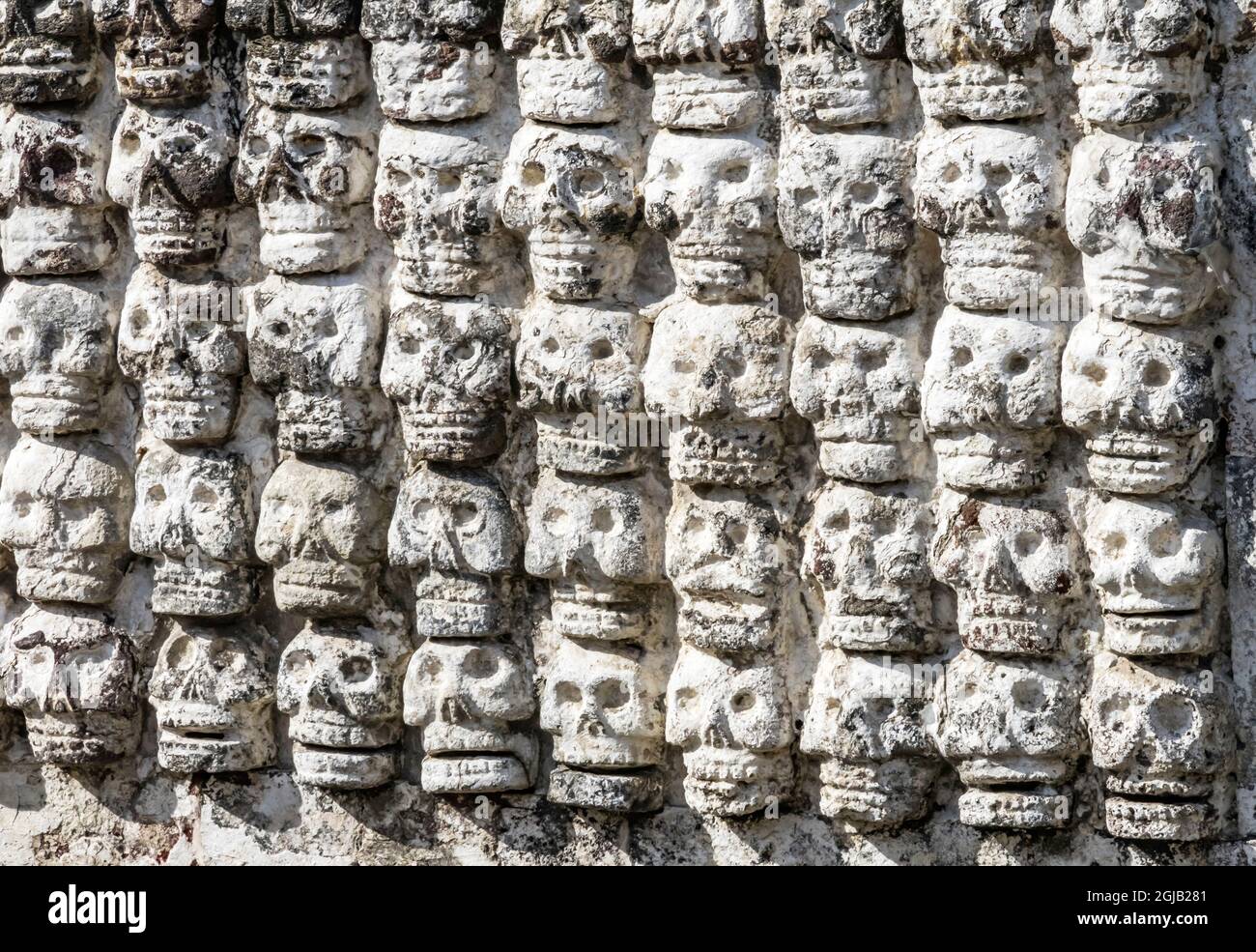 Ancient Aztec skull wall. Templo Mayor Museum, Mexico City, Mexico. Stock Photo