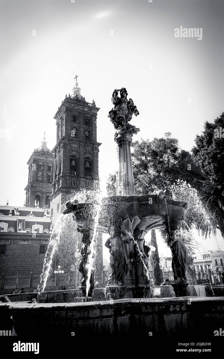Black white Zocalo Park Plaza San Miguel Archangel Fountain Cathedral