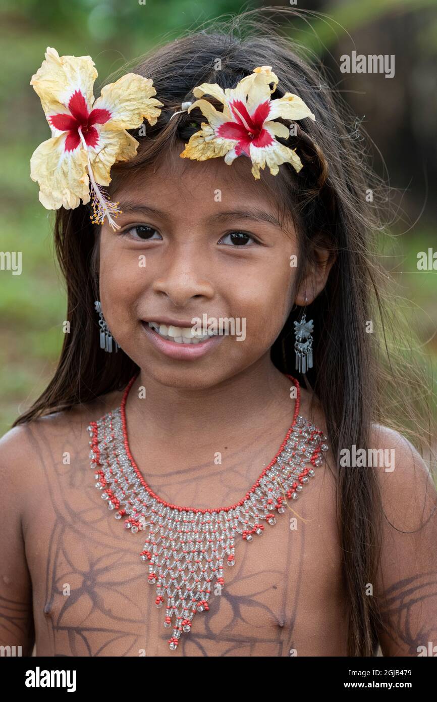 Central America, Panama, Gatun Lake. Embera Indian village. Young ...