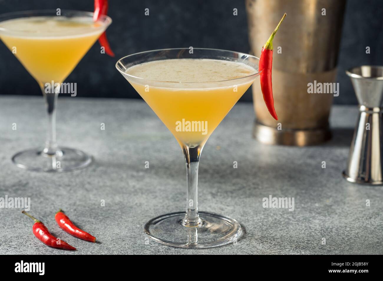 Boozy Refreshing Spicy Fifty Cocktail with Vodka and a Pepper Stock Photo