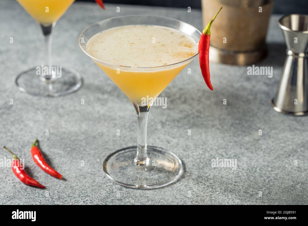 Boozy Refreshing Spicy Fifty Cocktail with Vodka and a Pepper Stock Photo