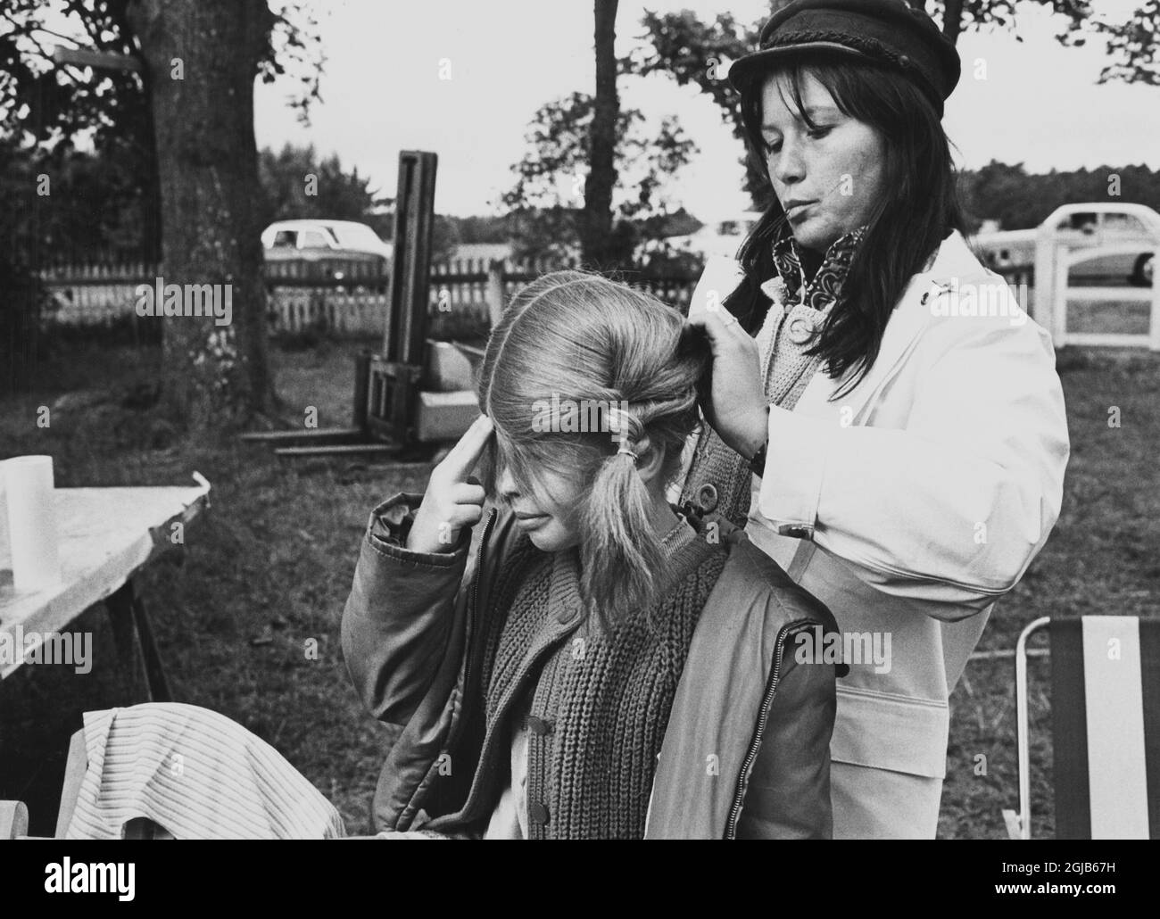 1969-03-25 Actress inger Nilsson as Pippi Longstocking gets her wig and freckles in place before a filming of a Pippi movie. Foto Bo Aje Mellin / SVT code 5600  Stock Photo