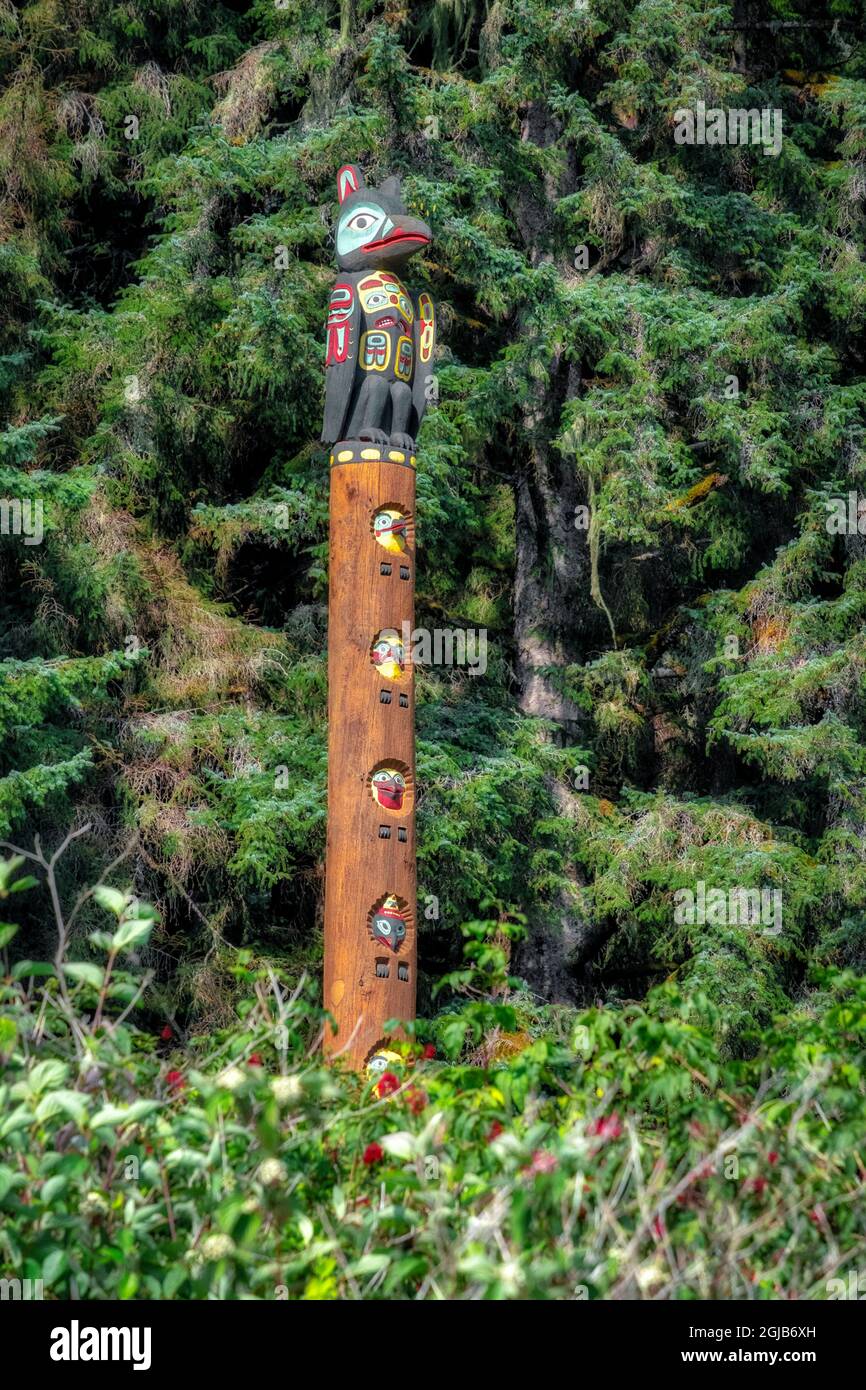 Totem pole, Auke village, Juneau, Alaska, USA Stock Photo Alamy