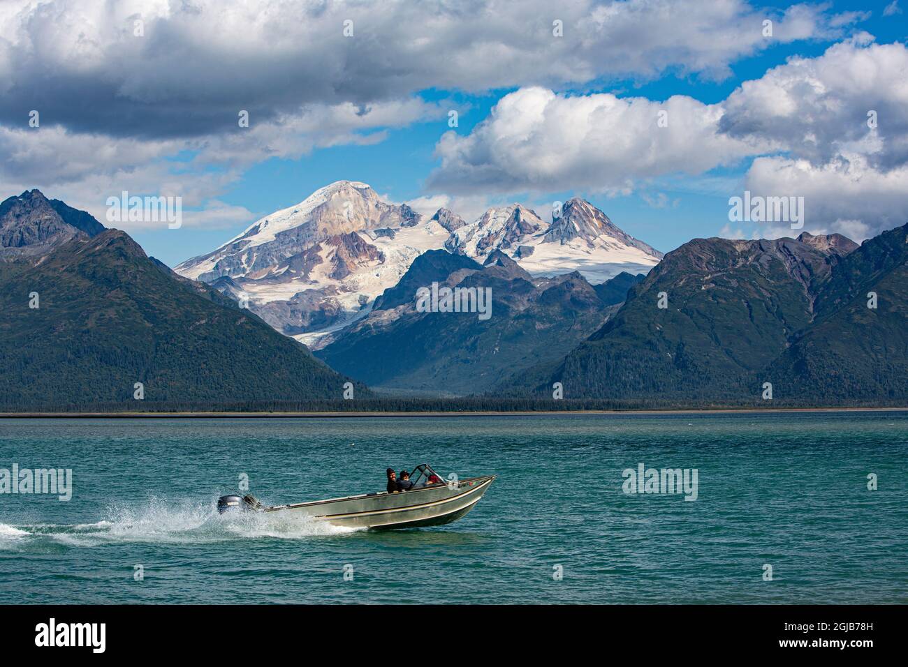 Lake Clark National Park and Preserve, Alaska, Mount Iliamna, people, sailing, boats Stock Photo