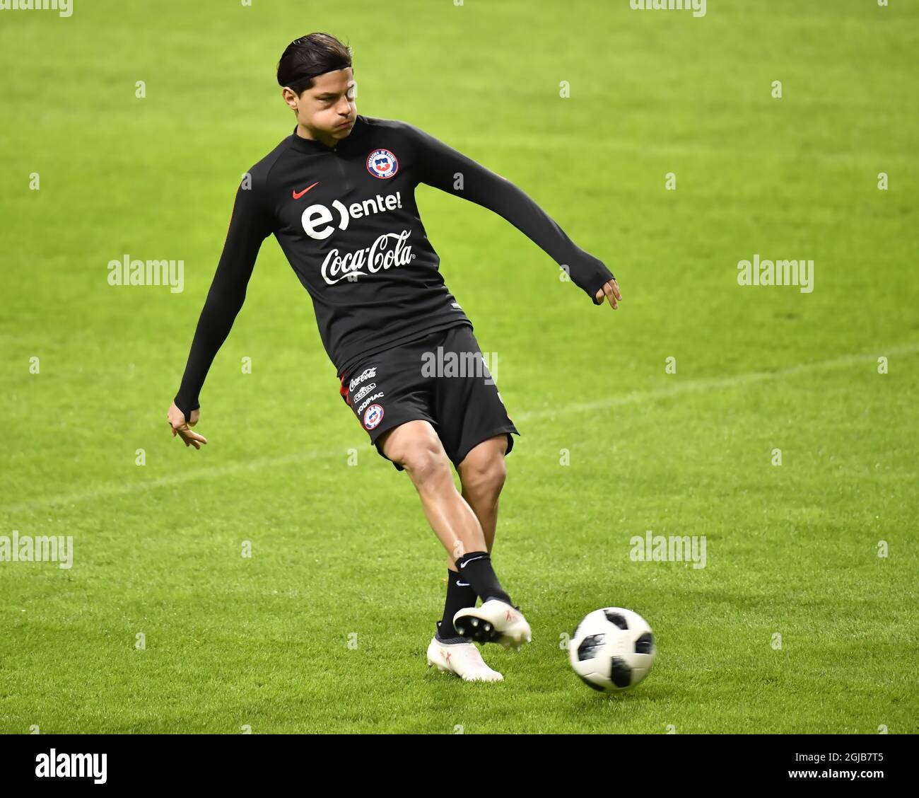 Chile's national soccer team player Miiko Albornoz in action during a training session at Friends Arena in Stockholm, Sweden, on March 23, 2018. Chile will meet Sweden for a friendly game tomorrow, March 24. Photo: Jonas Ekstromer / TT / code 10030  Stock Photo