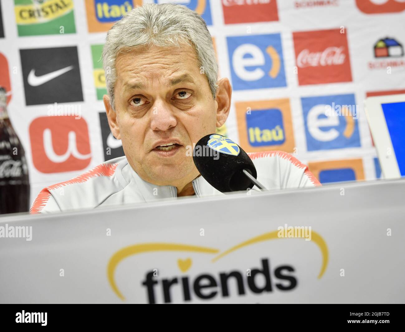 Chile's national soccer team coach Reinaldo Rueda speaks during a press conference at Friends Arena in Stockholm, Sweden, on March 23, 2018. Chile will meet Sweden for a friendly game tomorrow, March 24. Photo: Jonas Ekstromer / TT / code 10030  Stock Photo