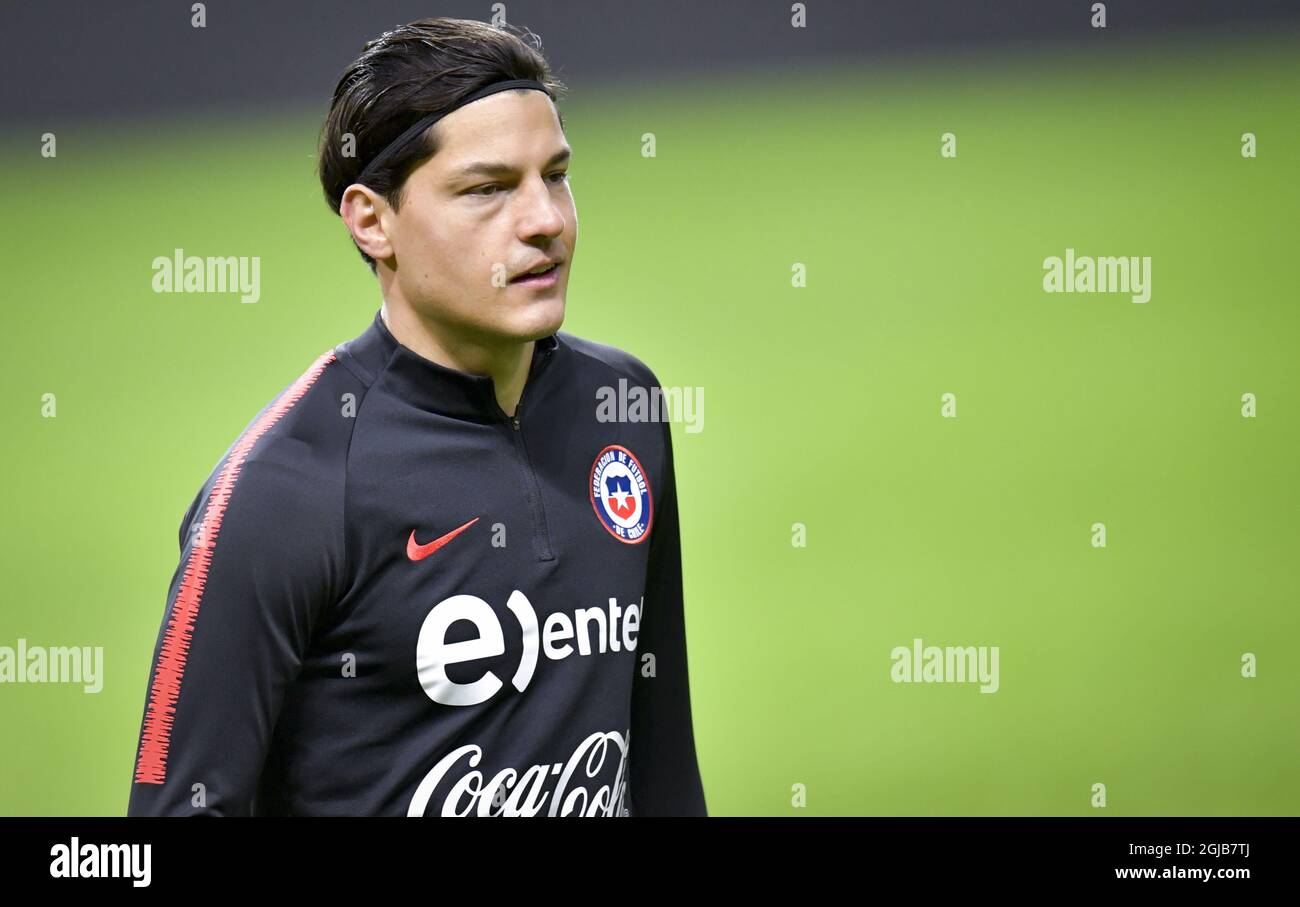 Chile's national soccer team player Miiko Albornoz looks on during a training session at Friends Arena in Stockholm, Sweden, on March 23, 2018. Chile will meet Sweden for a friendly game tomorrow, March 24. Photo: Jonas Ekstromer / TT / code 10030  Stock Photo