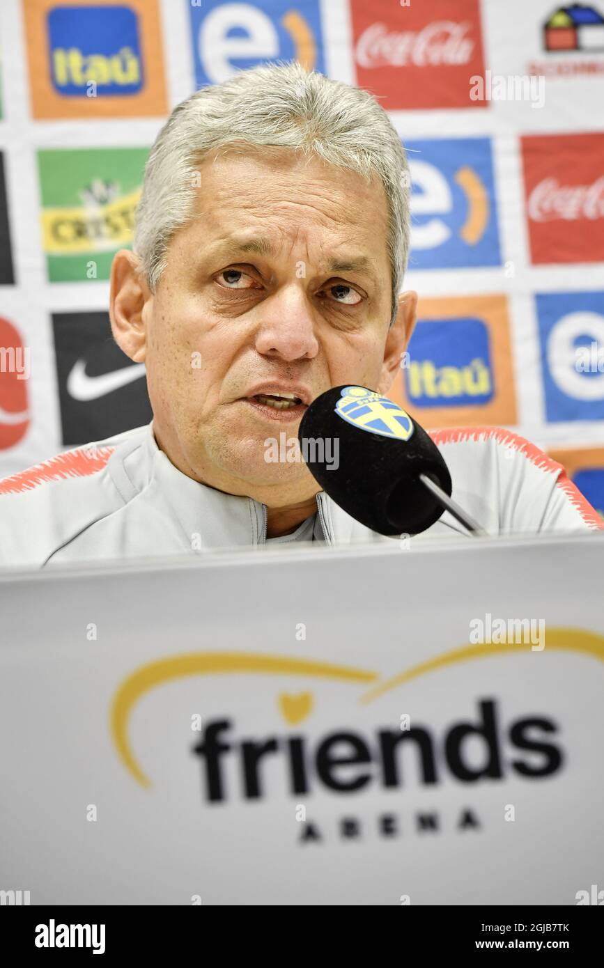 Chile's national soccer team coach Reinaldo Rueda speaks during a press conference at Friends Arena in Stockholm, Sweden, on March 23, 2018. Chile will meet Sweden for a friendly game tomorrow, March 24. Photo: Jonas Ekstromer / TT / code 10030  Stock Photo