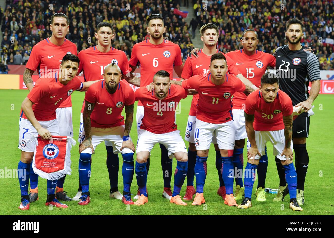 Chilean players pose for a team photo ahead of the international friendly soccer match between Sweden and Chile at Friends Arena in Solna, Stockholm, on March 24, 2018. Back row from left: Enzo Roco, Pedro Pablo Hernandez, Guillermo Maripan, Angelo Sagal, Jean Beausejour and Johnny Herrera. Front row from left: Alexis Sanchez, Arturo Vidal, Mauricio Isla, Eduardo Vargas and Charles Aranguiz. Photo: Anders Wiklund / TT / 10040  Stock Photo