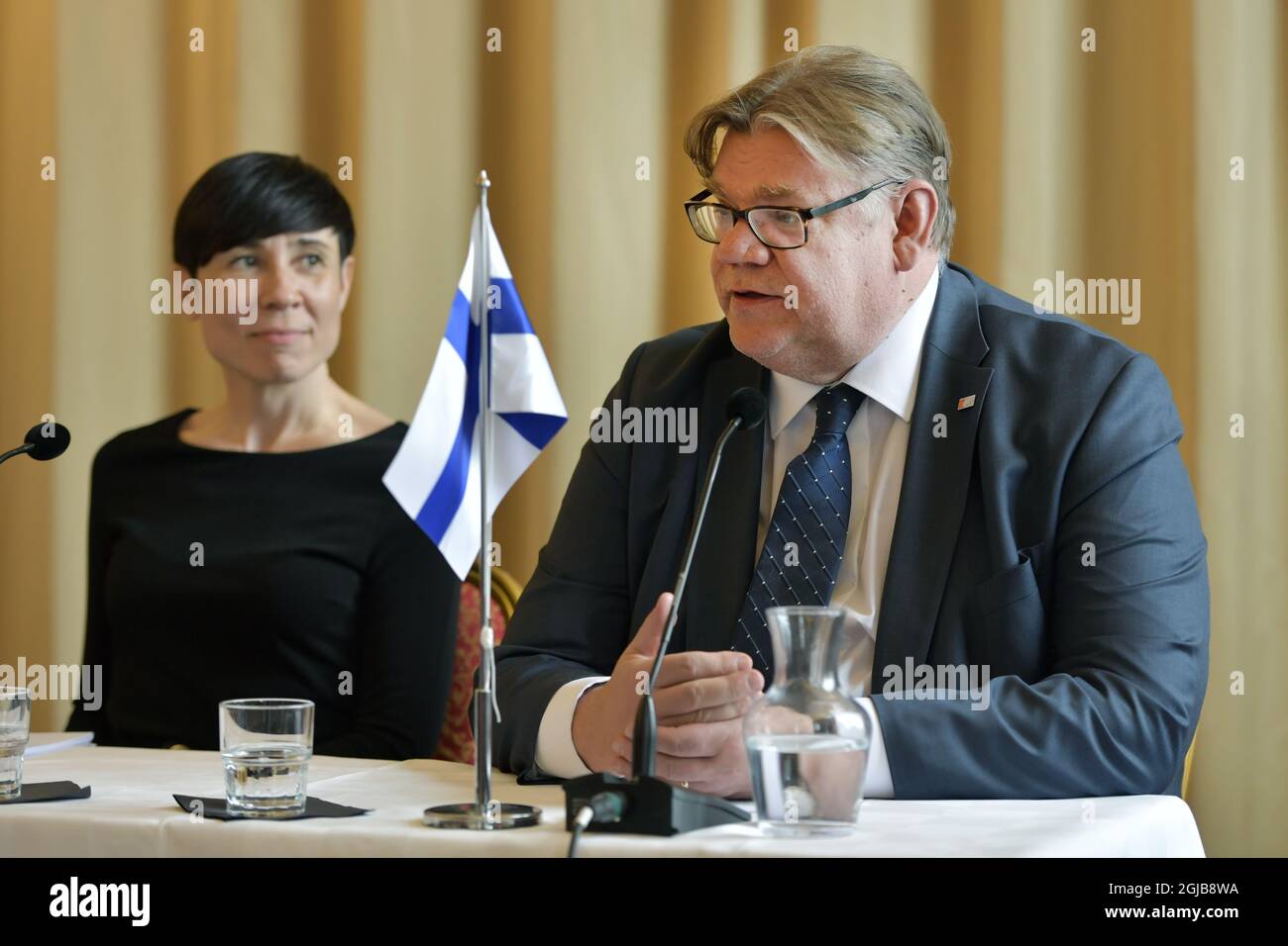 Timo Soini , Foreign Ministers of Finland and to the left Ine Eriksen Soreide, Foreign Minister of Norway during a joint press conference which concludes the Nordic Foreign Minister meeting at Nasby Castle in Taby, Sweden April 18. 2018. Photo: Jessica Gow / TT / Kod 10070  Stock Photo