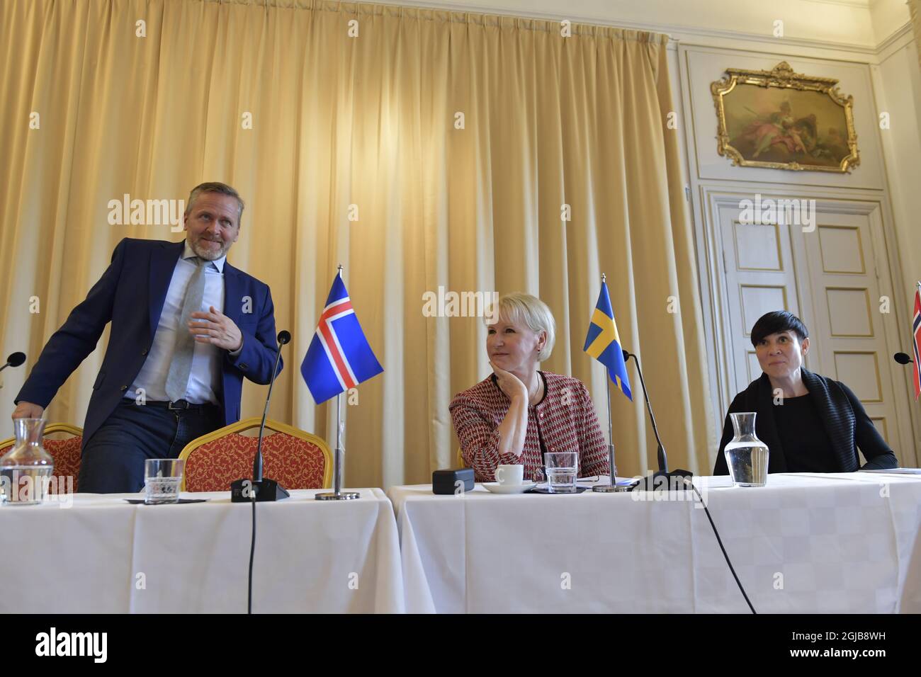 L-R : Anders Samuelsen, Foreign Minister of Denmark, Margot Wallstrom, Foreign Minister of Sweden and Ine Eriksen Soreide, Foreign Minister of Norway during a joint press conference which concludes the Nordic Foreign Minister meeting at Nasby Castle in Taby, Sweden April 18. 2018. Photo: Jessica Gow / TT / Kod 10070  Stock Photo