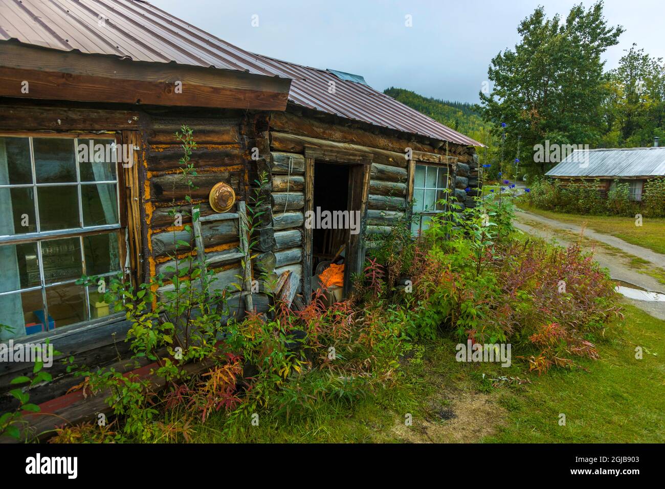 USA, Alaska. Abandoned mining equipment and log cabins in the village of Wiseman on the Dalton