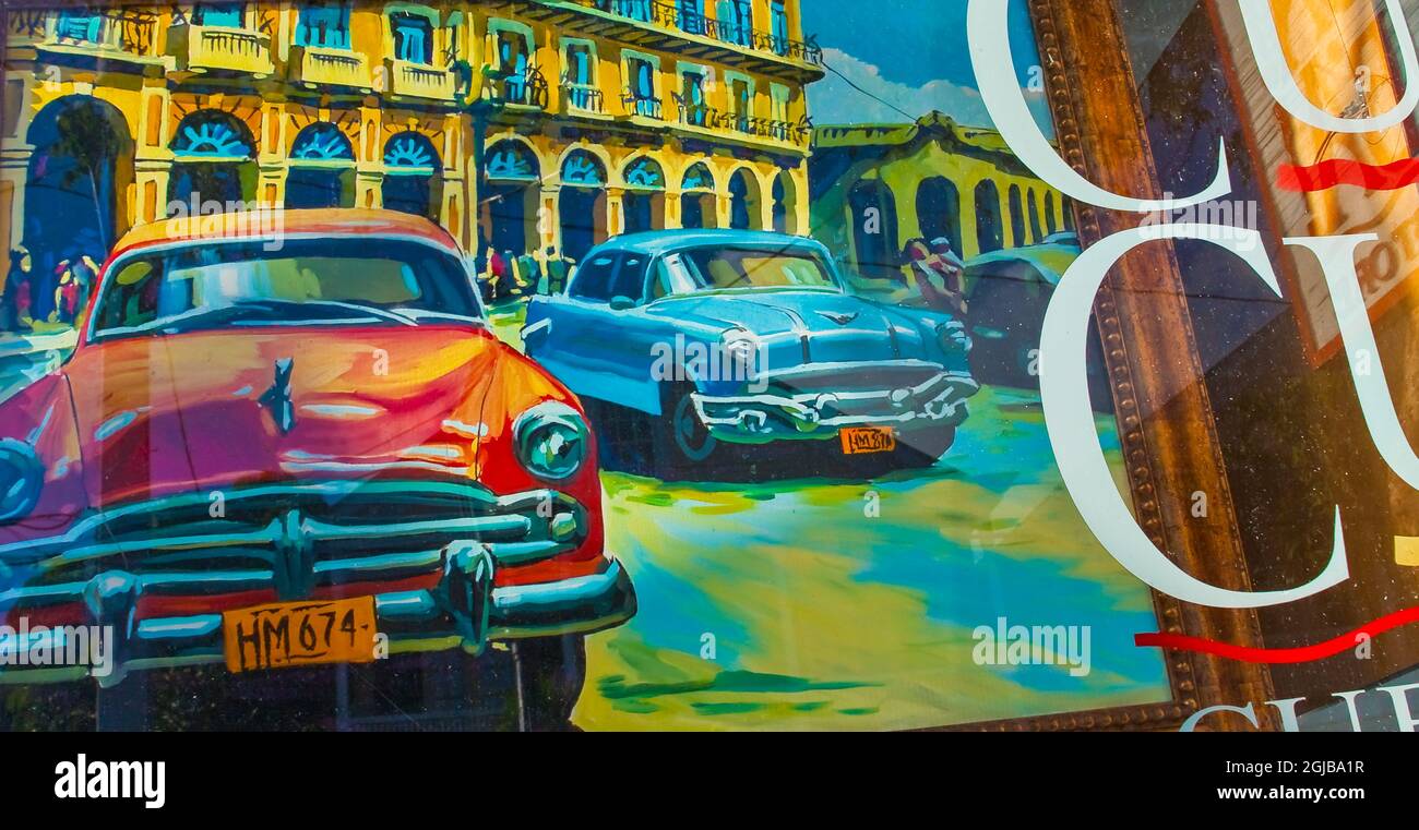Painting of Vintage Cars In Havana at  Shop on Duvall Street, Key West, Florida, USA Stock Photo