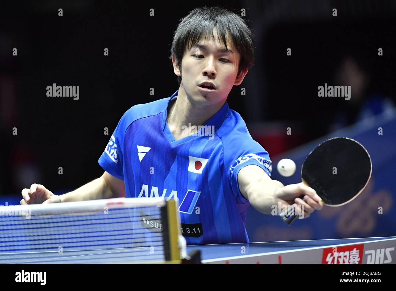 Koki Niwa of Japan in action against Cedric Nuytinck of Belgium during the group C match Belgium - Japan round 1 at the World Team Table Tennis Championships 2018 at Halmstad Arena in Halmstad, Sweden April 29, 2018. Photo: Jonas Ekstromer / TT / kod 10030  Stock Photo