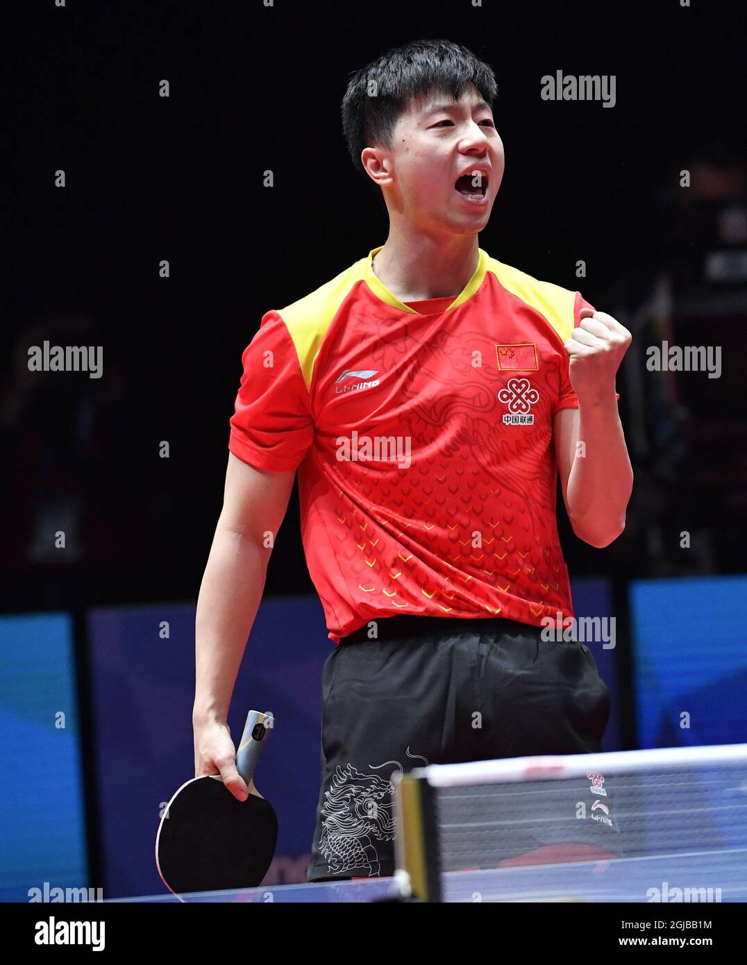 HALMSTAD 20180506 Long Ma of China reacts in the game against Germany's Timo Boll during men's final at the World Team Table Tennis Championships in Halmstad, Sweden Sunday May 6, 2018. Photo: Jonas Ekstromer / TT / kod 10030  Stock Photo