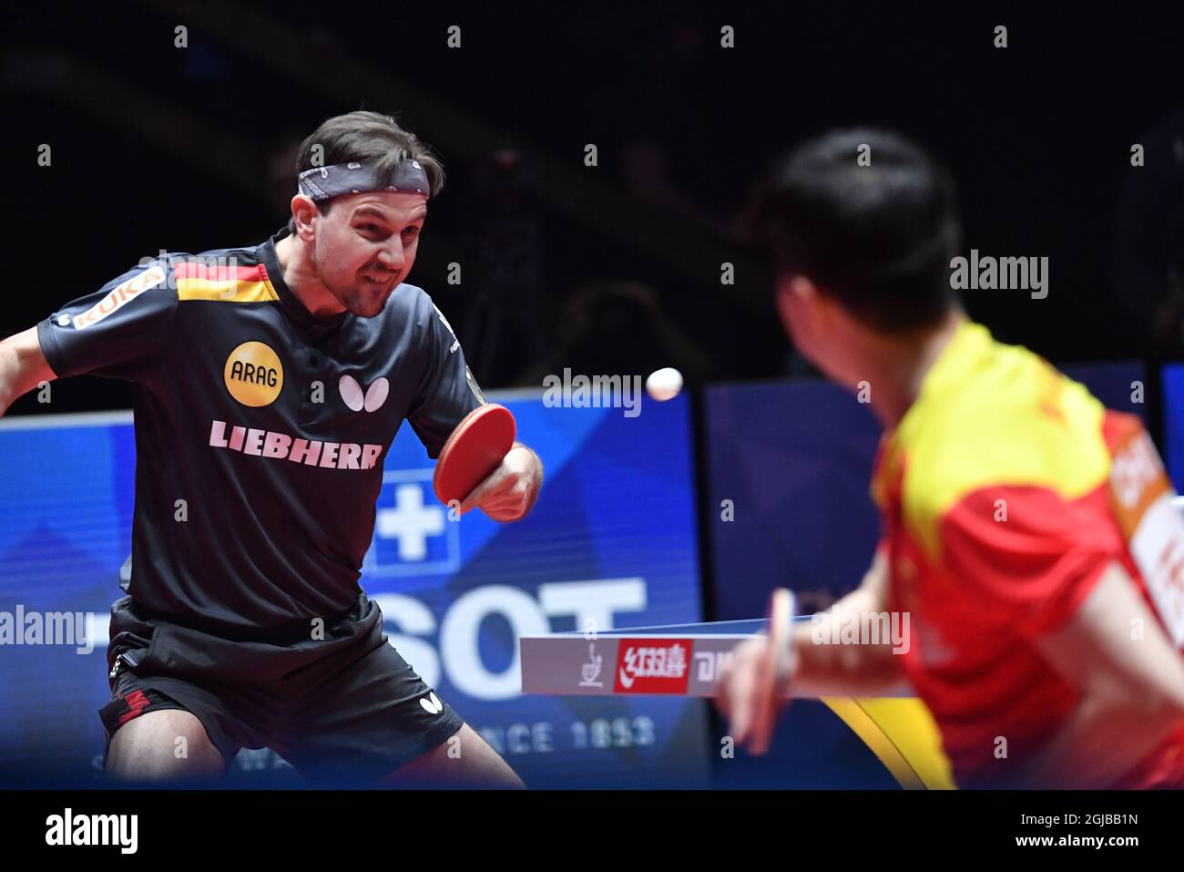 HALMSTAD 20180506 Germany's Timo Boll (L) returns to Long Ma of China during men's final at the World Team Table Tennis Championships in Halmstad, Sweden Sunday May 6, 2018. Photo: Jonas Ekstromer / TT / kod 10030  Stock Photo
