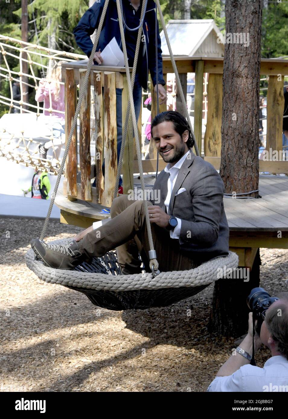 VASE 2018-05-17 Prince Carl Philip is seen with children during the  inauguration of the playground "Vilda Parken” in Vase, Varmland. The  Prince, who is the Duke of Varmland, is making a one