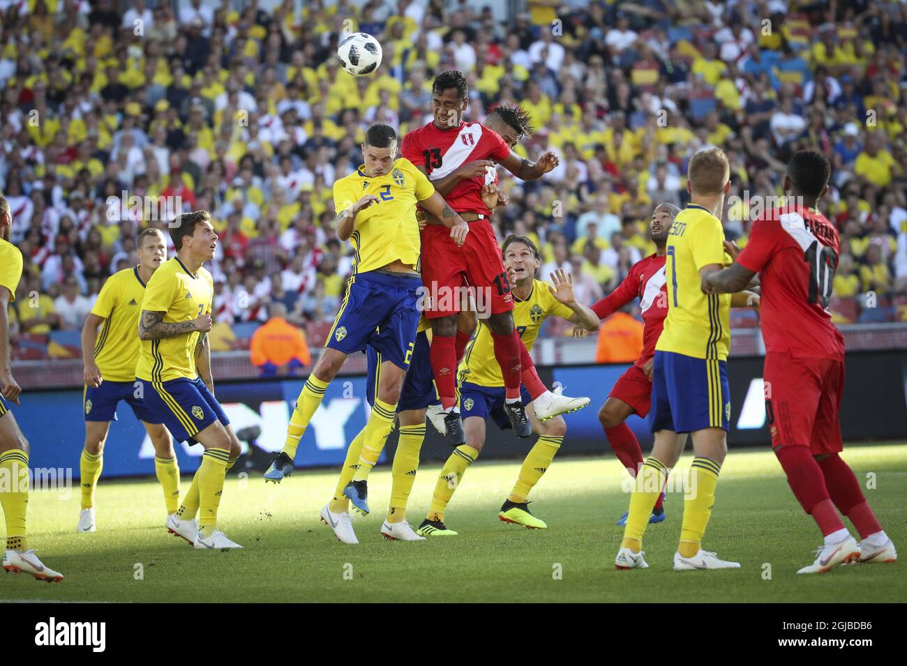 Sweden's Mikael Lustig (2) fights for the ball with Peru's Renato Tapia (13) during the international friendly soccer match between Sweden and Peru at the Ullevi stadium i Gothenburg, Sweden, on June 9, 2018. Photo: Adam Ihse / TT / code 9200  Stock Photo