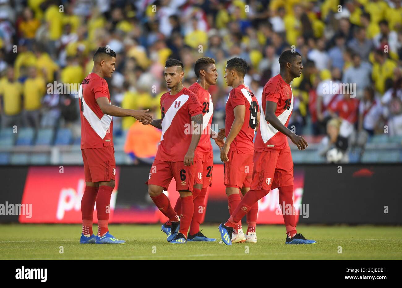 Peruvian players Anderson Santamaria (L-R), Miguel Trauco, Pedro Aquino, Yoshimar Yotun and Christian Ramos react after the international friendly soccer match between Sweden and Peru at the Ullevi staduium i Gothenburg, Sweden, on June 9, 2018. The match ended 0-0. Photo: Pontus Lundahl / TT / code 10050  Stock Photo