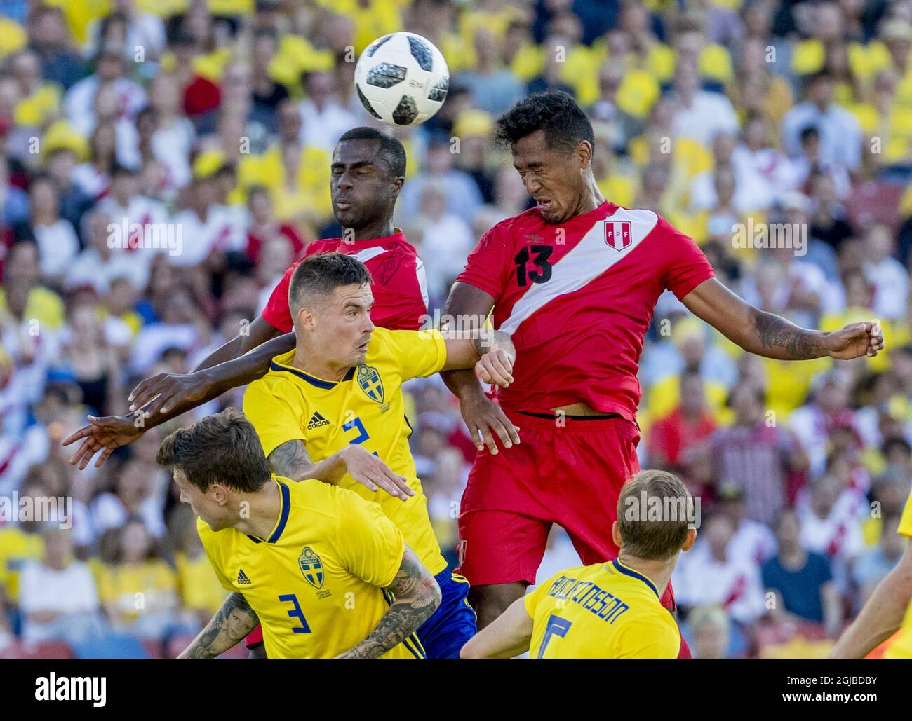Perus Christian Ramos (top L) and Renato Tapia (top R) fight for the ball with Sweden's Mikael Lustig (C, nr 2) and Victor Nilsson Lindelof (nr 3) during the international friendly soccer match between Sweden and Peru at the Ullevi stadium i Gothenburg, Sweden, on June 9, 2018. Photo: Adam Ihse / TT / code 9200  Stock Photo