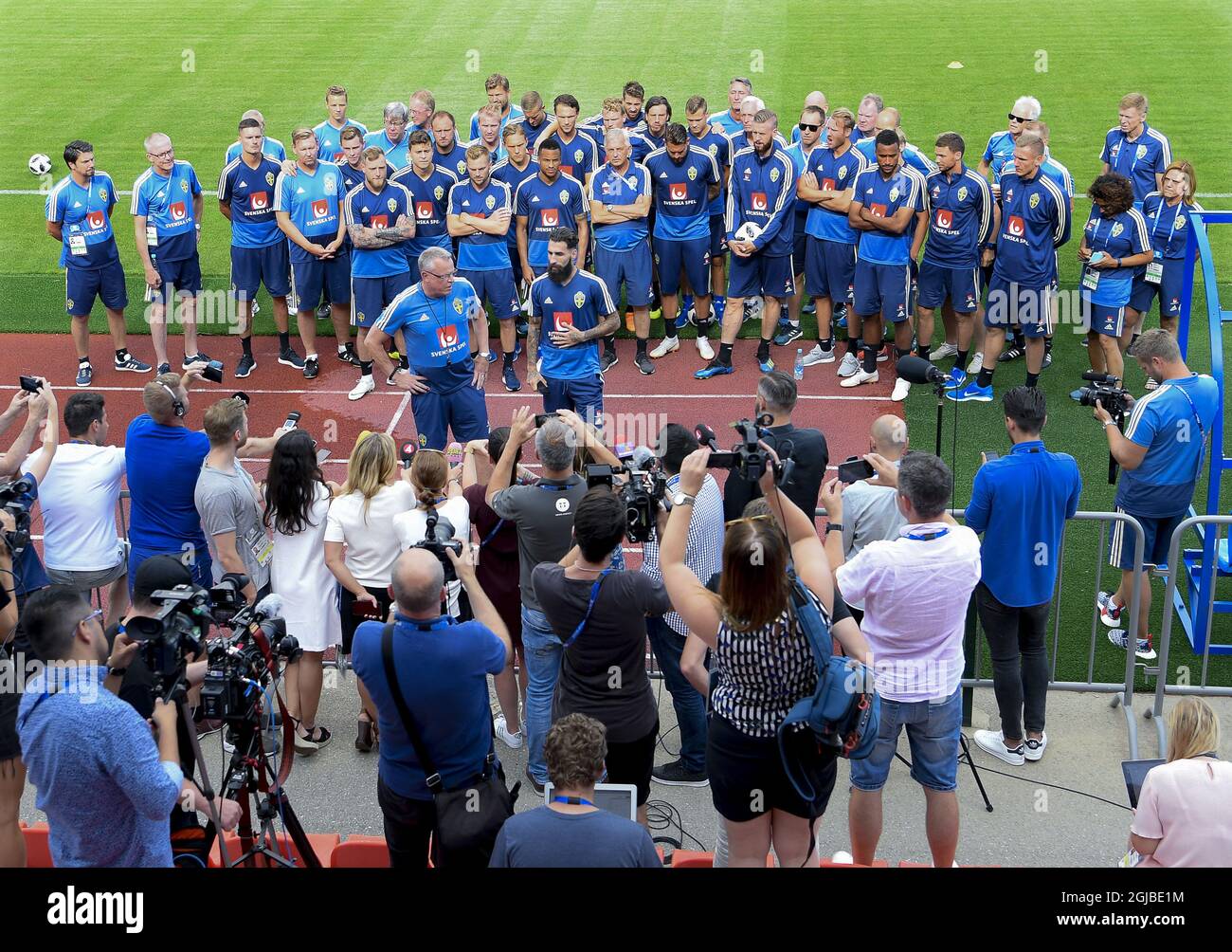 Swedish national soccer player Jimmy Durmaz speaks during a press conference, backed by his team, in connection to the team's training session at Spartak Stadium in Gelendzjik on June 24, 2018, the day after the World Cup group match against Germany. Durmaz was harrased wigh racist comments on internet after the loss  against Germany.    Stock Photo
