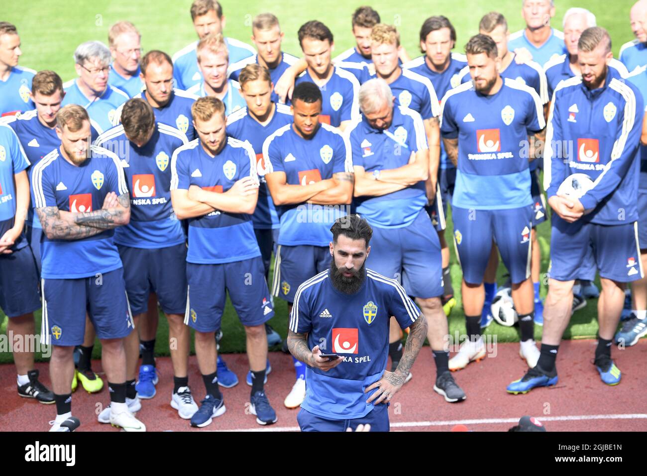 Swedish national soccer player Jimmy Durmaz speaks during a press conference, backed by his team, in connection to the team's training session at Spartak Stadium in Gelendzjik on June 24, 2018, the day after the World Cup group match against Germany. Durmaz was harrased wigh racist comments on internet after the loss  against Germany.   Stock Photo