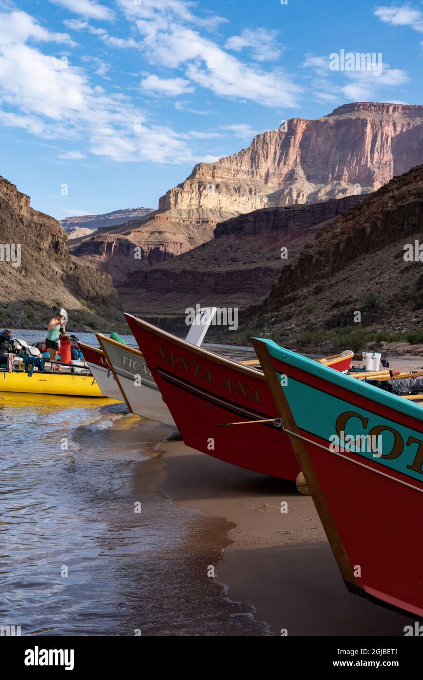 USA, Arizona. Dories and rafts beached on the Colorado River, Grand Canyon National Park. (Editorial Use Only) Stock Photo