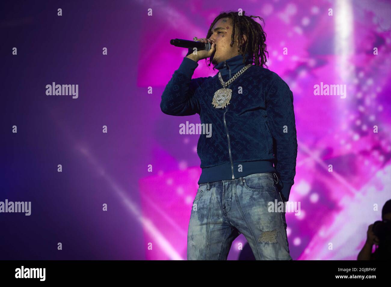 STOCKHOLM 20180814 American rapper Lil Pump performs during the one-day music festival Smash in Stockholm on Aug. 14, 2018. Poto: Fredrik Persson / TT / code 1080  Stock Photo