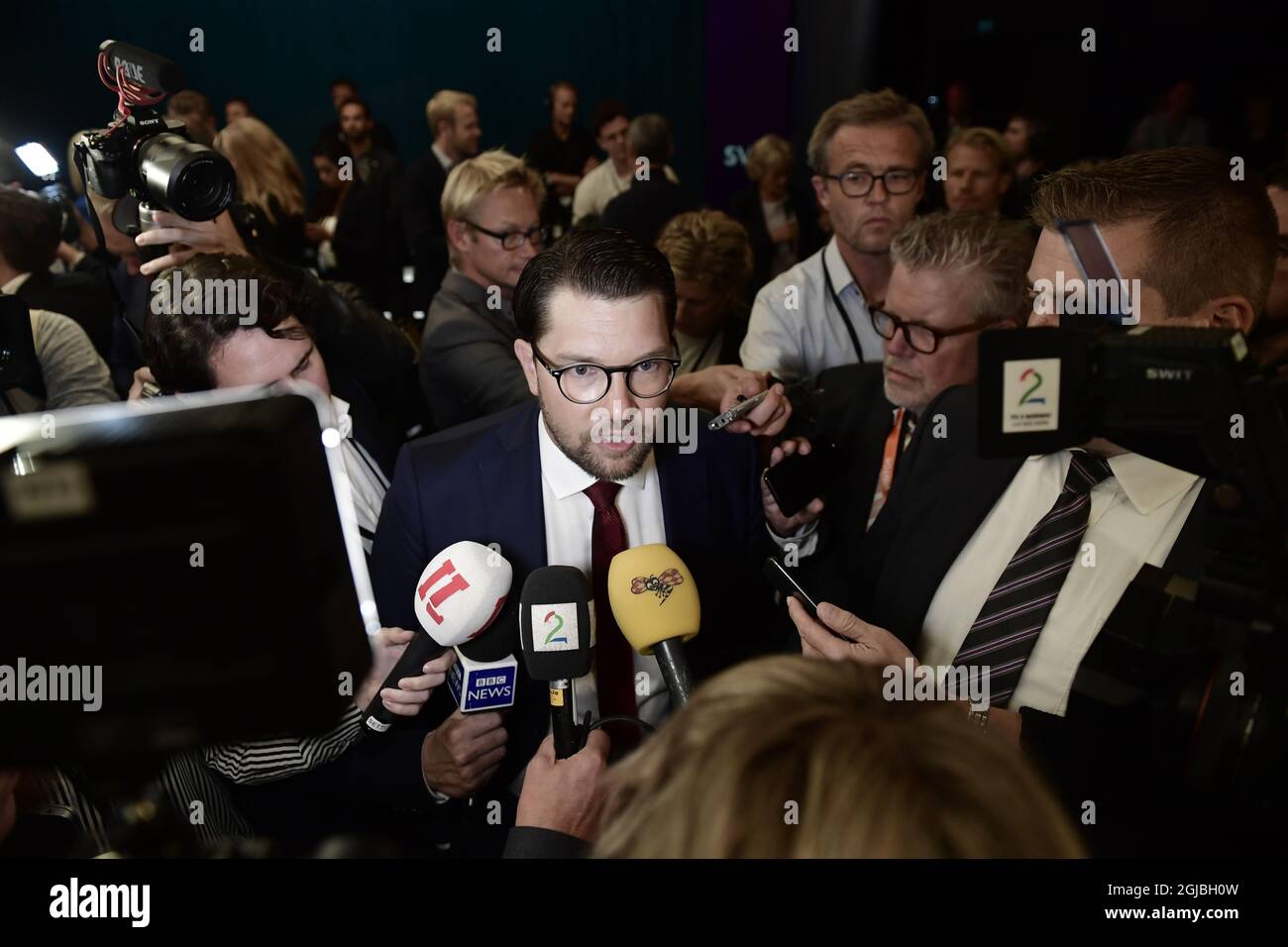 Jimmie Akesson of the Sweden Democrats after a party leader debate in SVT, Swedish national public TV broadcaster, in Stockholm September 7, 2018. Sweden's general elections will be held on Sep. 09 Photo: Stina Stjernkvist / TT / kod 11610  Stock Photo