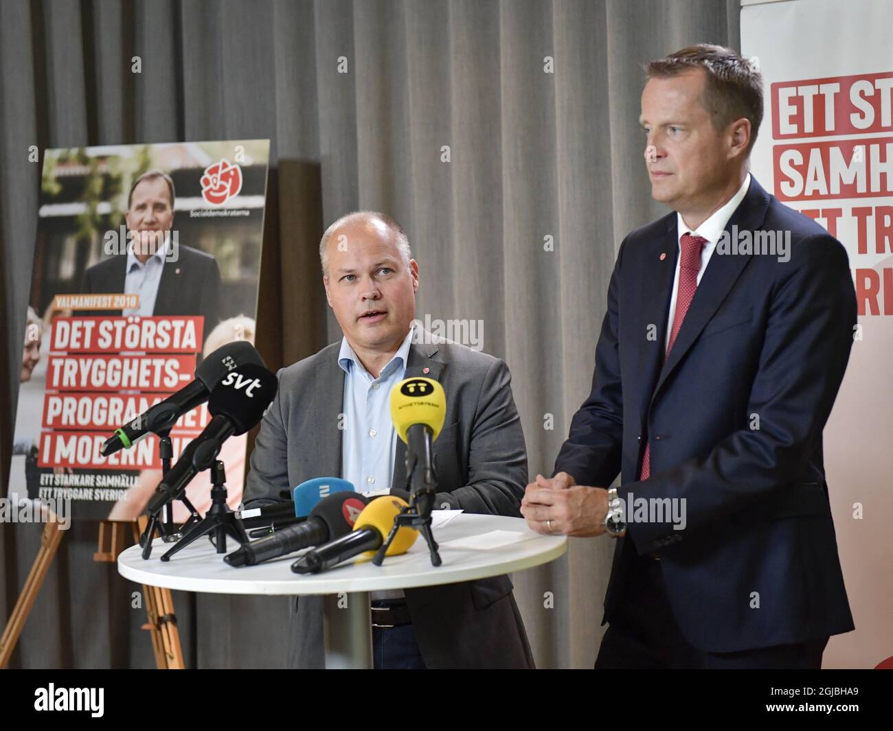 Minister for Justice and Home Affairs Morgan Johansson (L) and Social Democrat party group leader Anders Ygeman hold a press conference after a Social Democrat party executive committe meeting at the party headquarters on Sept. 10, 2018, the day after general elections in Sweden. Photo Jonas Ekstromer / TT / code 10030 Stock Photo