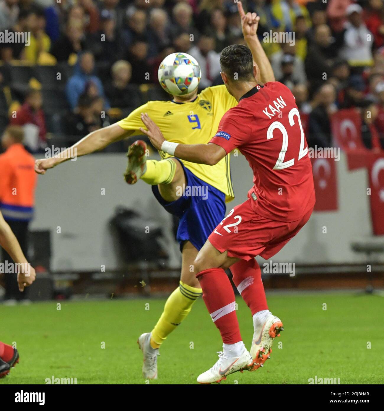 Sweden's Marcus Berg (L) fights for the ball with Turkey's Kaan Ayhan during the UEFA Nations League, league B, group 2, soccer match between Sweden and Turkey at Friends Arena in Solna, Stockholm, Sweden, on Sept. 10, 2018. Photo: Jonas Ekstromer / TT / code 10030  Stock Photo