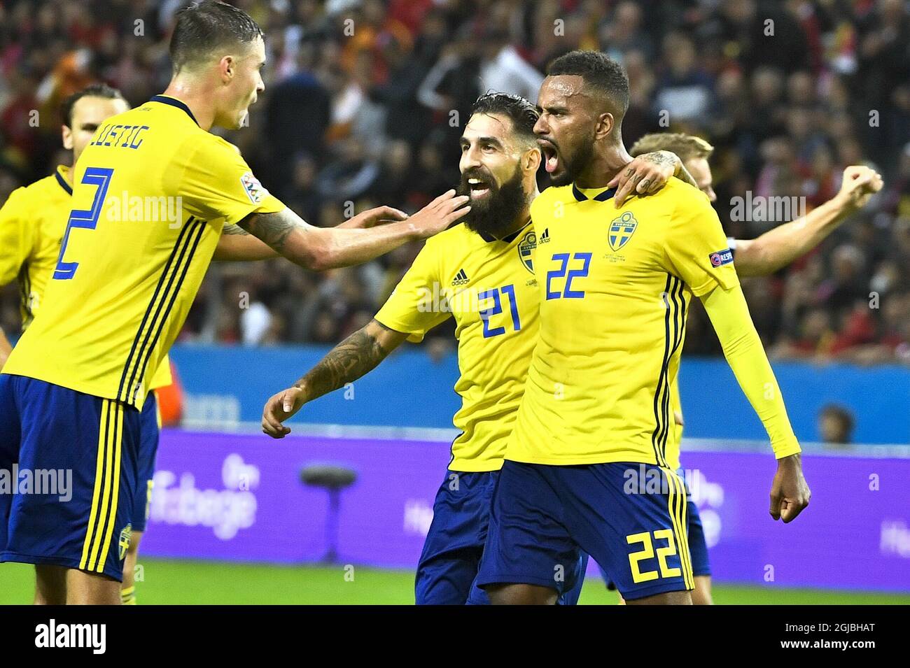 Sweden's Isaac Kiese Thelin (R) celebrates with Mikael Lustig (L) and Jimmy Durmaz after scoring the opening goal during the UEFA Nations League, league B, group 2, soccer match between Sweden and Turkey at Friends Arena in Solna, Stockholm, Sweden, on Sept. 10, 2018. Photo: Claudio Bresciani / TT / code 10090  Stock Photo