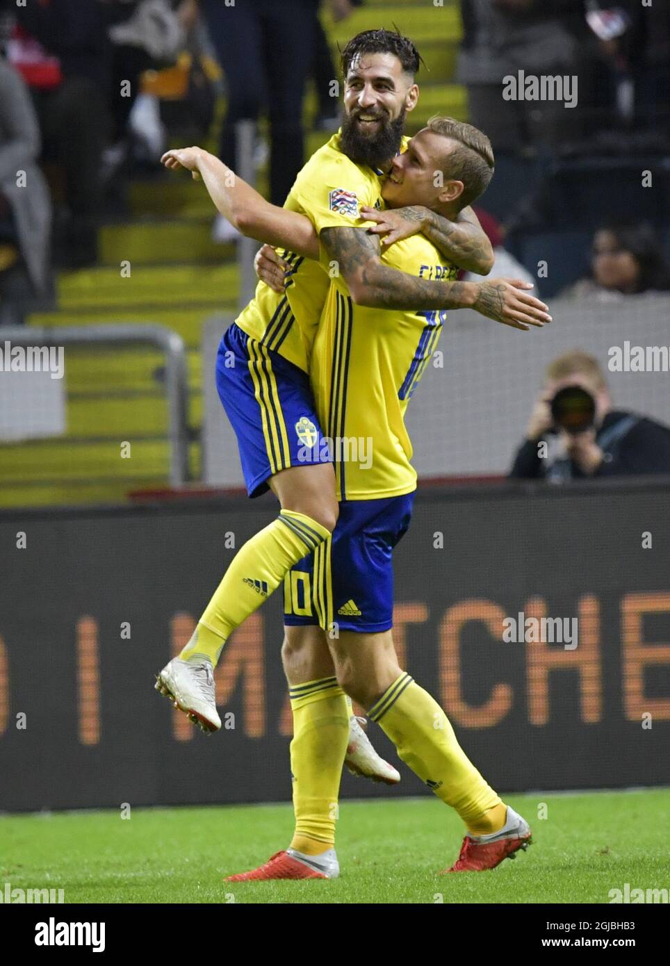 Sweden's Viktor Claesson (R) belecrates scoring the 2-0 goal with teammate Jimmy Durmaz during the UEFA Nations League, league B, group 2, soccer match between Sweden and Turkey at Friends Arena in Solna, Stockholm, Sweden, on Sept. 10, 2018. Photo: Jonas Ekstromer / TT / code 10030  Stock Photo