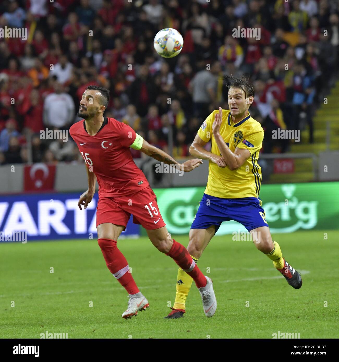 Turkey's Mehmet Topal (L) fights for the ball with Sweden's Albin Ekldal during the UEFA Nations League, league B, group 2, soccer match between Sweden and Turkey at Friends Arena in Solna, Stockholm, Sweden, on Sept. 10, 2018. Photo: Jonas Ekstromer / TT / code 10030  Stock Photo