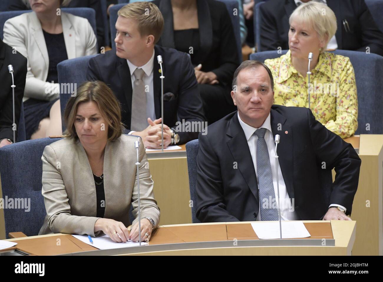 Swedish Prime Minister Stefan Lofven were ousted in no-confidence vote in the Swedish Parliament Riksdagen Tuesday 25 September. A total of 204 of Sweden's 349 members of parliament voted no to Lofven as prime minister. Seated next to Lovfen is deputy Prime Minister Isabella Lovin. Photo: Anders Wiklund / TT kod 10040  Stock Photo