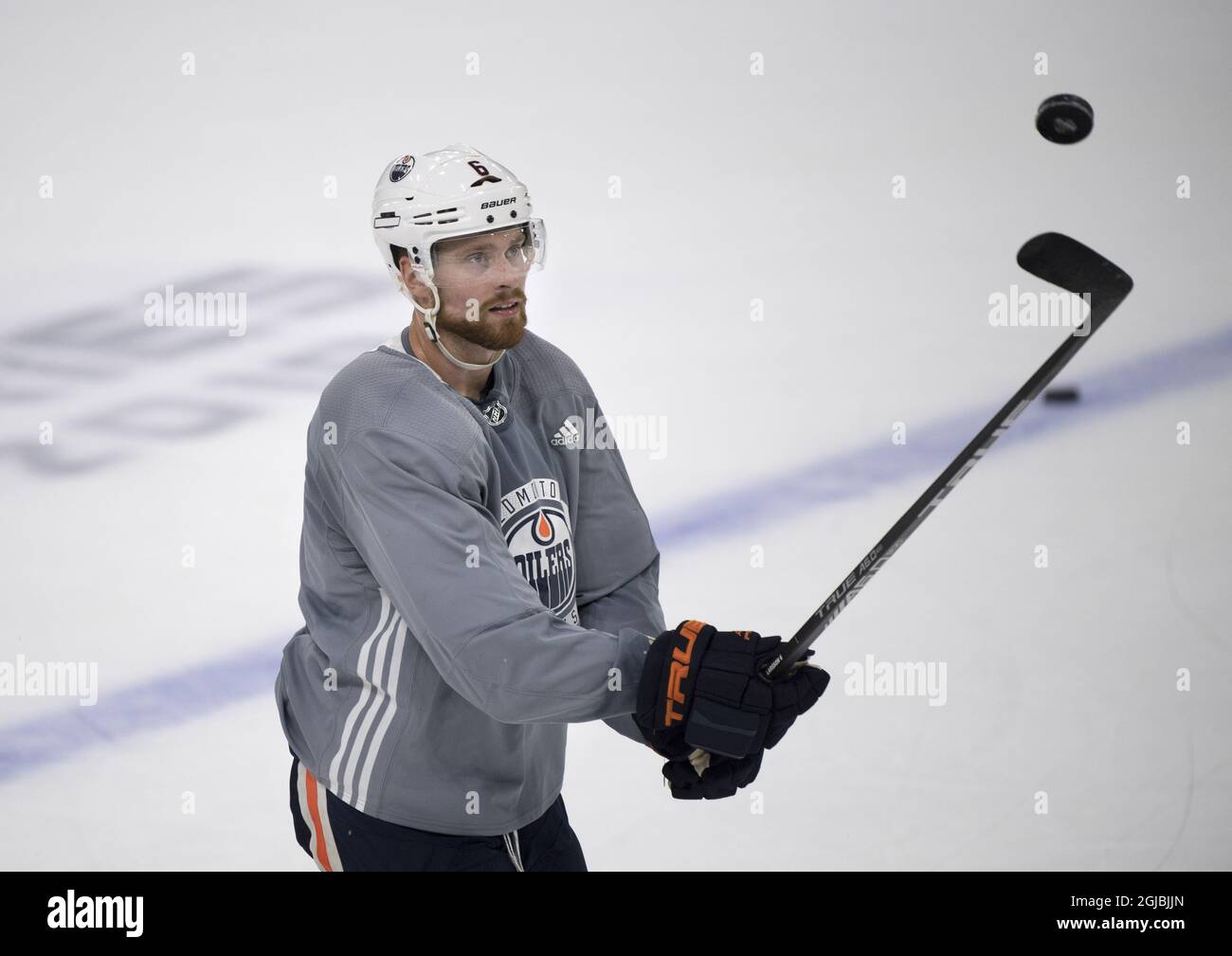 Edmonton Oilers' Adam Larsson controls the puck during a training session  in Gothenburg, Sweden, on Oct. 05, 2018, ahead of Saturday's NHL Global  Tour match against New Jersey Devils. Photo: Bjorn Larsson
